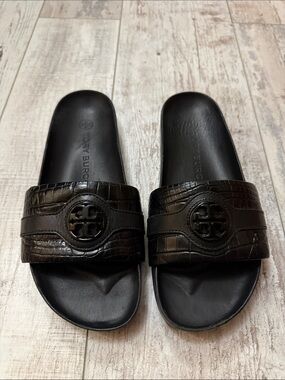 Tory Burch Black Croc-Embossed Logo Slide Sandals